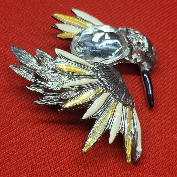 Vintage Hummingbird Crystal Chest Brooch Pin Gold Silver Tone - Picture 7 of 11